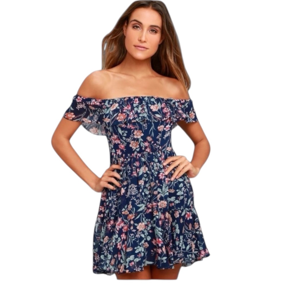 Lulus My Favorite Navy Blue Floral print off the shoulder dress. Size S